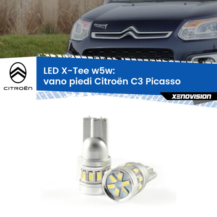 0 Vano Piedi LED per Citroën C3 Picasso 2009 - 2016: W5W X-Tee <strong>LED vano piedi per Citroën C3 Picasso</strong> 2009 - 2016. Lampade <strong>W5W</strong> modello X-Tee Xenovision top di gamma.