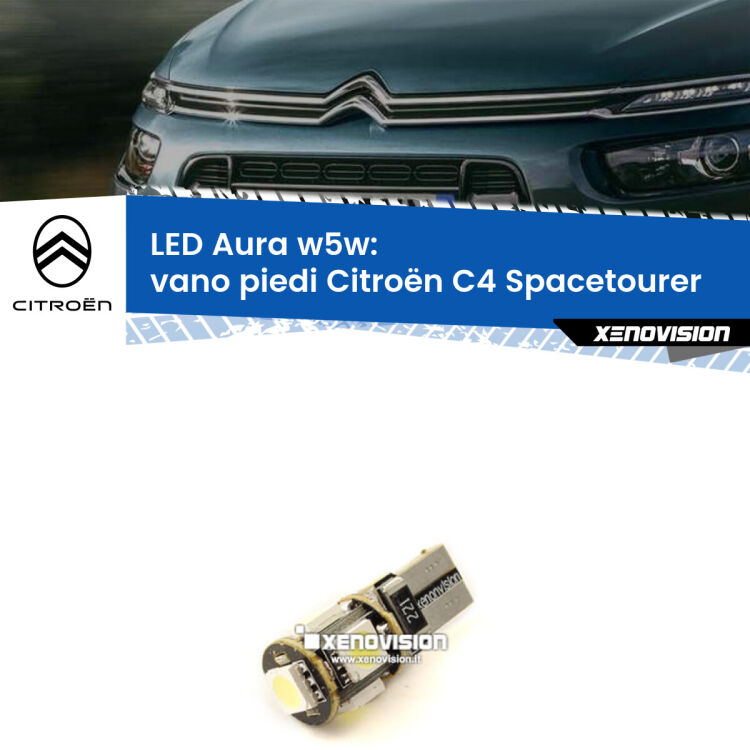 0 Vano Piedi LED per Citroën C4 Spacetourer 2018 in poi: Aura w5w <strong>LED vano piedi w5w per Citroën C4 Spacetourer</strong> 2018 in poi. Una lampadina <strong>w5w</strong> canbus luce bianca 6000k modello Aura Xenovision.