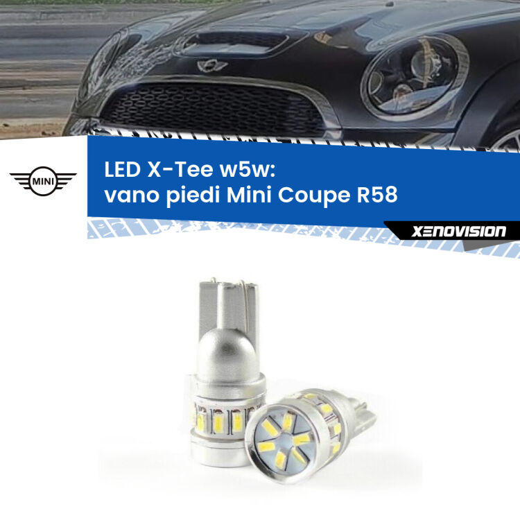 0 Vano Piedi LED per Mini Coupe R58 2011 - 2015: W5W X-Tee <strong>LED vano piedi per Mini Coupe</strong> R58 2011 - 2015. Lampade <strong>W5W</strong> modello X-Tee Xenovision top di gamma.