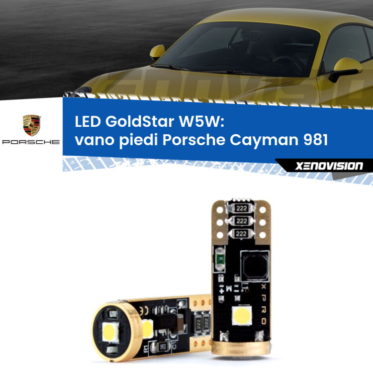 0 Vano Piedi LED Porsche Cayman 981 2013 in poi: T10 GoldStar <strong>Vano Piedi LED Porsche Cayman</strong> 981 2013 in poi: ottima luminosità a 360 gradi. Si inseriscono ovunque. Canbus, Top Quality.
