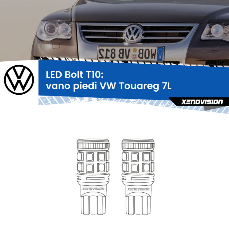 0 Vano Piedi LED VW Touareg 7L 2002 - 2010: T10 Bolt <strong>Vano Piedi LED per VW Touareg</strong> 7L 2002 - 2010. Coppia lampade <strong>T10</strong> modello Bolt canbus.