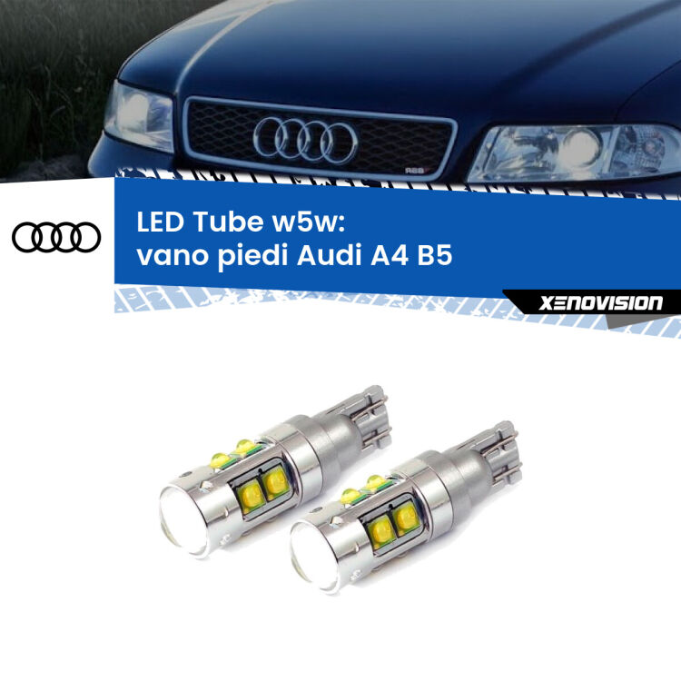 0 Vano Piedi LED W5W Audi A4 B5 1994 - 2001 W5W Tube <strong>Vano Piedi LED 6000k per Audi A4</strong> B5 1994 - 2001. Lampadine <strong>W5W</strong> canbus modello Tube, luce bianco lunare, lunga durata e compatibilità.