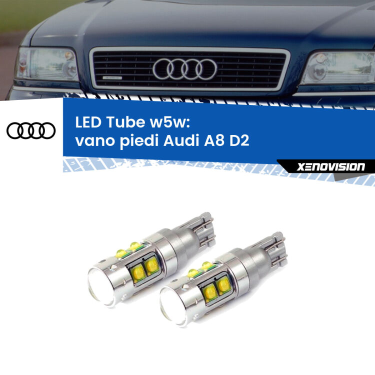 0 Vano Piedi LED W5W Audi A8 D2 posteriori W5W Tube <strong>Vano Piedi LED 6000k per Audi A8</strong> D2 posteriori. Lampadine <strong>W5W</strong> canbus modello Tube, luce bianco lunare, lunga durata e compatibilità.