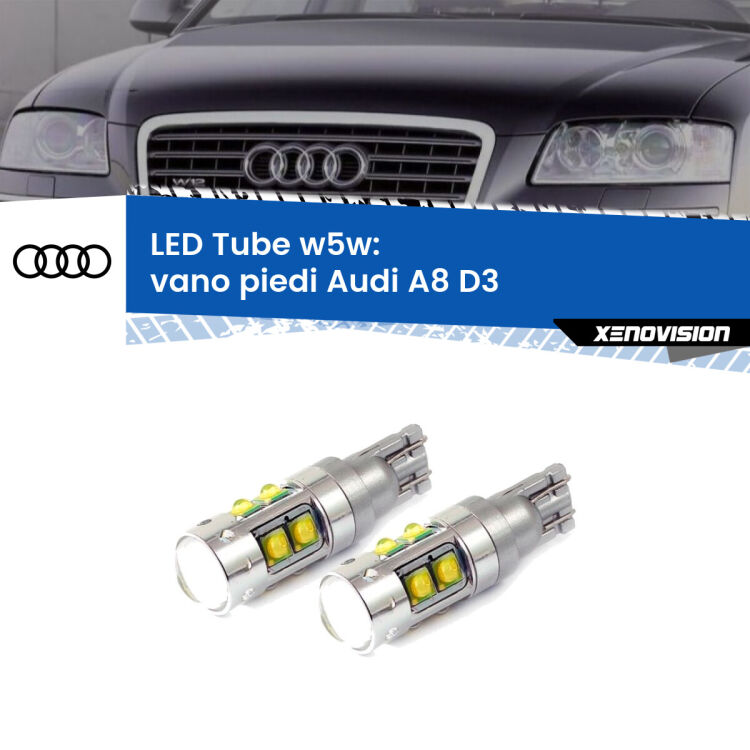 0 Vano Piedi LED W5W Audi A8 D3 2002 - 2009 W5W Tube <strong>Vano Piedi LED 6000k per Audi A8</strong> D3 2002 - 2009. Lampadine <strong>W5W</strong> canbus modello Tube, luce bianco lunare, lunga durata e compatibilità.
