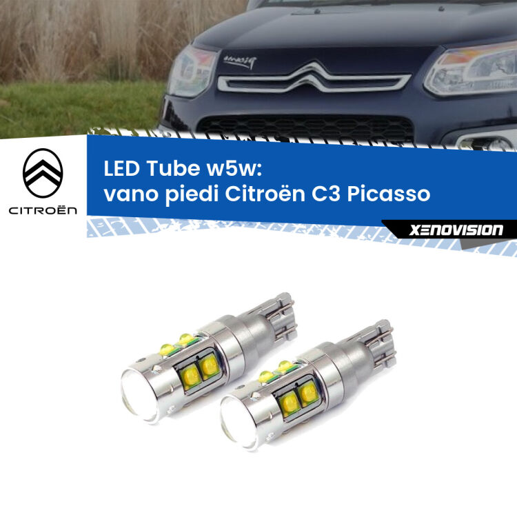 0 Vano Piedi LED W5W Citroën C3 Picasso 2009 - 2016 W5W Tube <strong>Vano Piedi LED 6000k per Citroën C3 Picasso</strong> 2009 - 2016. Lampadine <strong>W5W</strong> canbus modello Tube, luce bianco lunare, lunga durata e compatibilità.