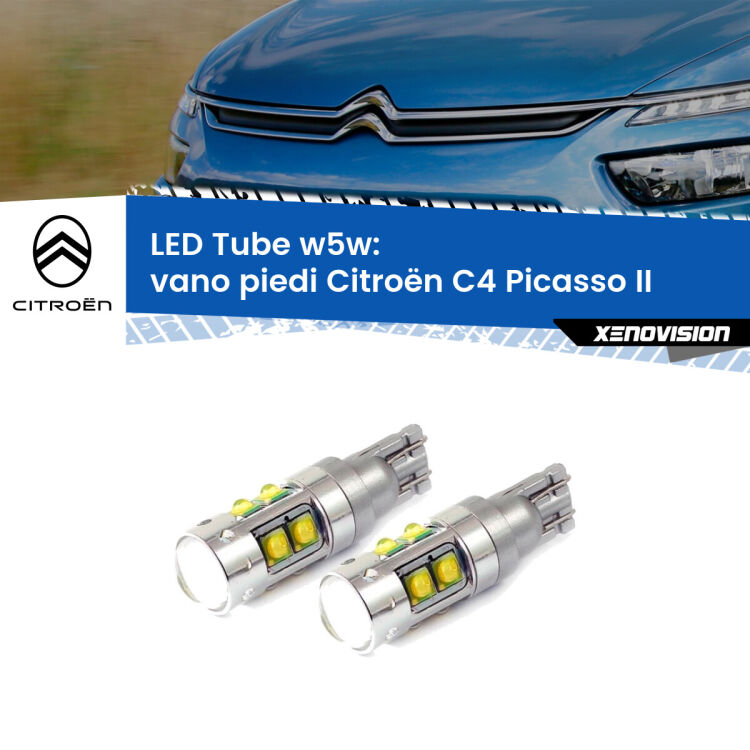0 Vano Piedi LED W5W Citroën C4 Picasso II 2013 in poi W5W Tube <strong>Vano Piedi LED 6000k per Citroën C4 Picasso</strong> II 2013 in poi. Lampadine <strong>W5W</strong> canbus modello Tube, luce bianco lunare, lunga durata e compatibilità.