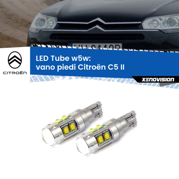0 Vano Piedi LED W5W Citroën C5 II 2008 - 2014 W5W Tube <strong>Vano Piedi LED 6000k per Citroën C5</strong> II 2008 - 2014. Lampadine <strong>W5W</strong> canbus modello Tube, luce bianco lunare, lunga durata e compatibilità.