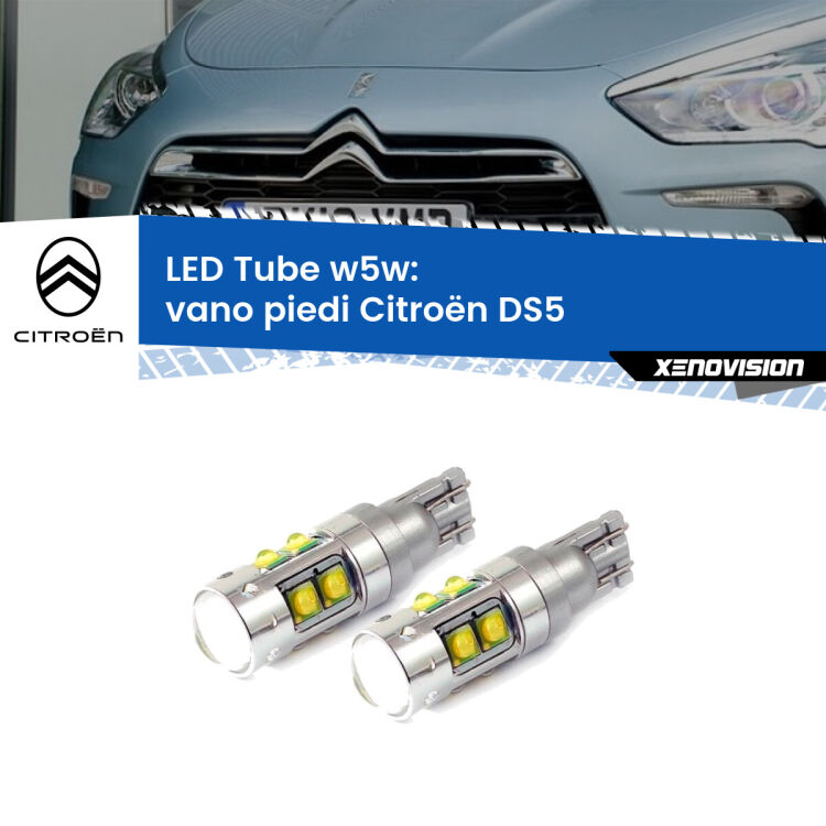0 Vano Piedi LED W5W Citroën DS5 2011 - 2015 W5W Tube <strong>Vano Piedi LED 6000k per Citroën DS5</strong> 2011 - 2015. Lampadine <strong>W5W</strong> canbus modello Tube, luce bianco lunare, lunga durata e compatibilità.