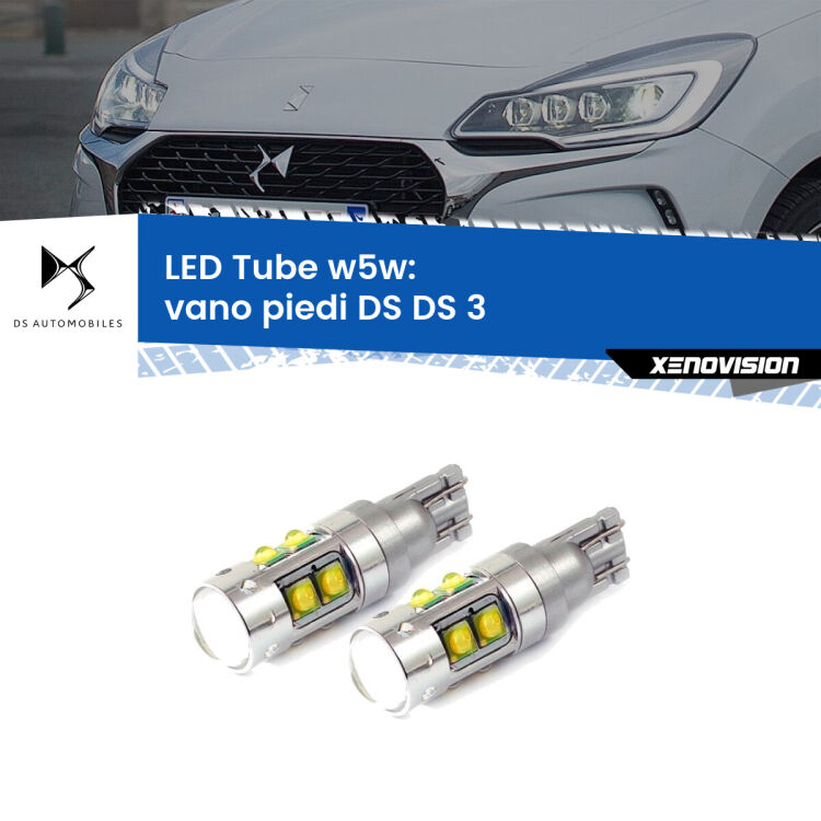 0 Vano Piedi LED W5W DS DS 3 2015 in poi W5W Tube <strong>Vano Piedi LED 6000k per DS DS 3</strong> 2015 in poi. Lampadine <strong>W5W</strong> canbus modello Tube, luce bianco lunare, lunga durata e compatibilità.