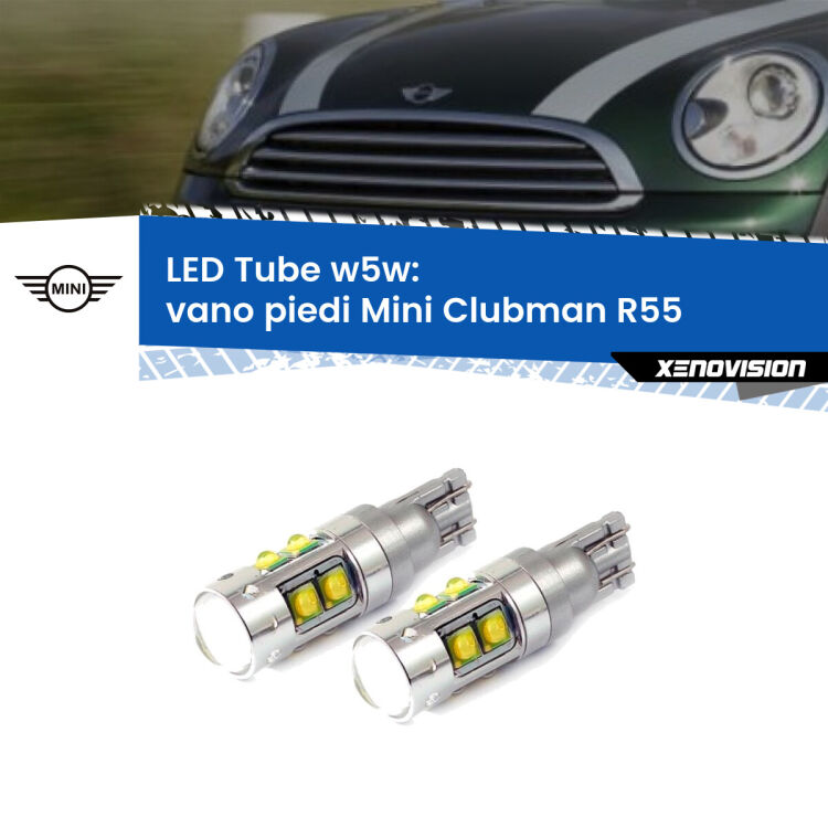 0 Vano Piedi LED W5W Mini Clubman R55 2007 - 2015 W5W Tube <strong>Vano Piedi LED 6000k per Mini Clubman</strong> R55 2007 - 2015. Lampadine <strong>W5W</strong> canbus modello Tube, luce bianco lunare, lunga durata e compatibilità.
