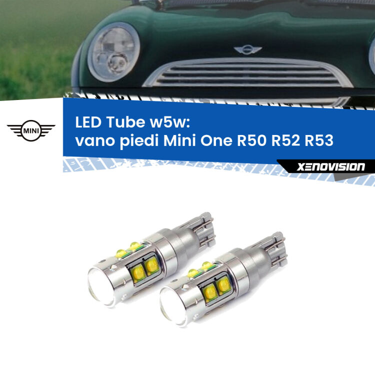 0 Vano Piedi LED W5W Mini One R50 R52 R53 2001 - 2006 W5W Tube <strong>Vano Piedi LED 6000k per Mini One</strong> R50 R52 R53 2001 - 2006. Lampadine <strong>W5W</strong> canbus modello Tube, luce bianco lunare, lunga durata e compatibilità.