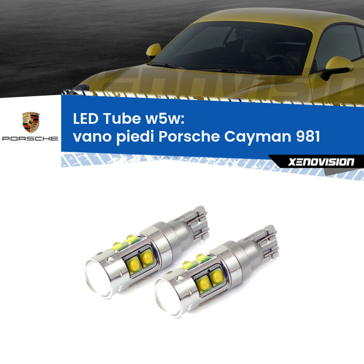 0 Vano Piedi LED W5W Porsche Cayman 981 2013 in poi W5W Tube <strong>Vano Piedi LED 6000k per Porsche Cayman</strong> 981 2013 in poi. Lampadine <strong>W5W</strong> canbus modello Tube, luce bianco lunare, lunga durata e compatibilità.