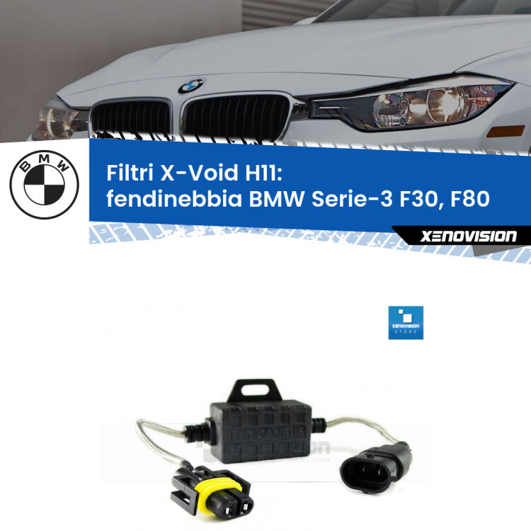 0 X-VOID: Filtri spegnispia H11 per Fendinebbia BMW Serie-3 F30, F80 2012 - 2019 Filtro spegnispia digitale per Fendinebbia BMW Serie-3 F30, F80 2012 - 2019, risolve spie, effetto strobo e interferenze radio su kit led Xenovision. Solo per lampade LED fino a 40W.