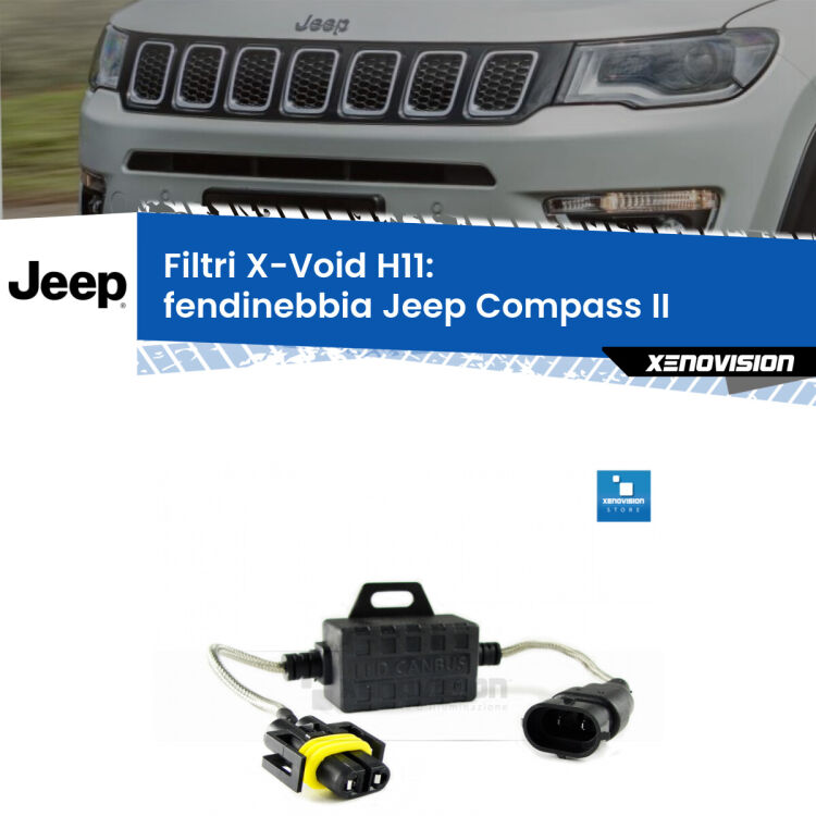 Filtro spegnispia digitale per Fendinebbia Jeep Compass II 2017 in poi, risolve spie, effetto strobo e interferenze radio su kit led Xenovision. Solo per lampade LED fino a 40W.