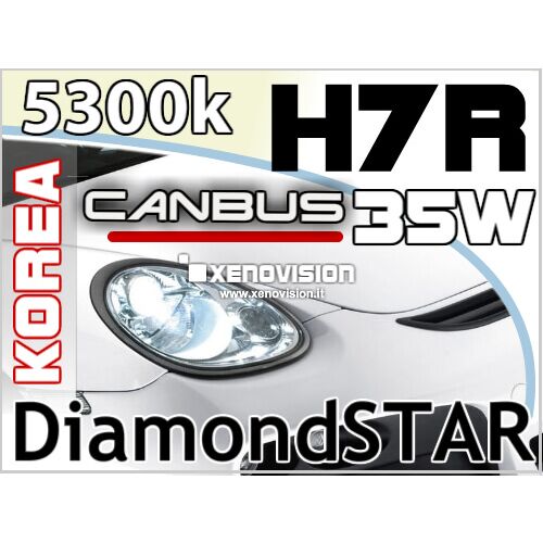 0 Kit xenon 35W Canbus - H7-R Korea Bianco Solare 5300k  <strong>Qualità Massima in Italia.</strong> Equipaggiato con le lampade più potenti, più brillanti, dal colore più puro. Le uniche con esclusiva geometria Antiriflessi FocusPRO (F+) per una centratura massima del fuoco del tuo faro.  Tecnologia digitale esclusiva Xenovision 64 Bit - Kit xenon completo.